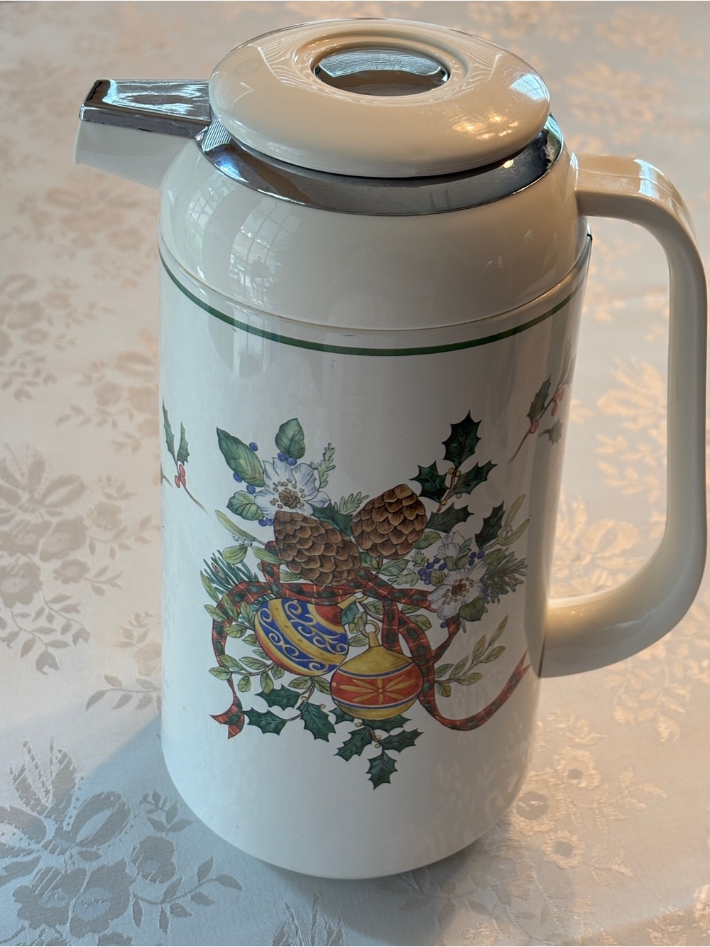 Ceramic Holiday Thermal Pitcher in White with Festive Pinecone Motif